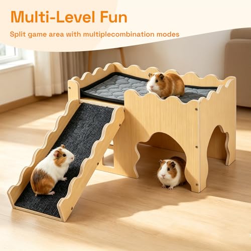 Wooden Guinea Pig Hideout Cave House, Guinea Pig Castle with Natural Cave-Style Entrance, Large Small Animal Habitat with Stairs, Waterproof Liner, Easy Assembly for Guinea Pigs, Rabbits & Hamsters - color: Cave Hideout