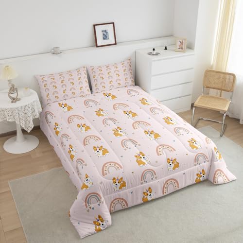 Dog Bedding Set for Kids, Cute Pug Rainbow Comforter Set Full, Cartoon Love Heart Down Comforter for Boys Girls Children Bedroom, Cartoon Animal Puppy Quilted Duvet 3Pcs with 2 Pillow Cases, Pink - color: Multi 36, size: Full