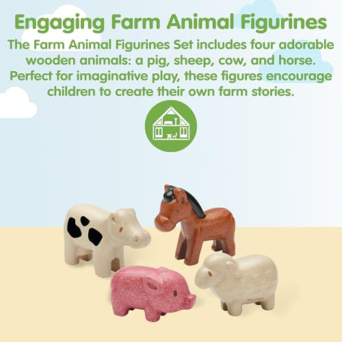 PlanToys Farm Animal Figurines Set - Four Cute Sustainably-Made Wood Pig, Sheep, Cow, and Horse Figures to Stimulate Interactive and Creative Play - color: Farm Animals Set