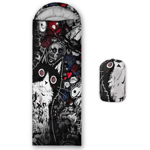AILONEN Midnight Meow Sleeping Bag, Charcoal Cat Eyes Crescent Graphic, Portable Camp Sack Sleepover Style - color: Black Cat