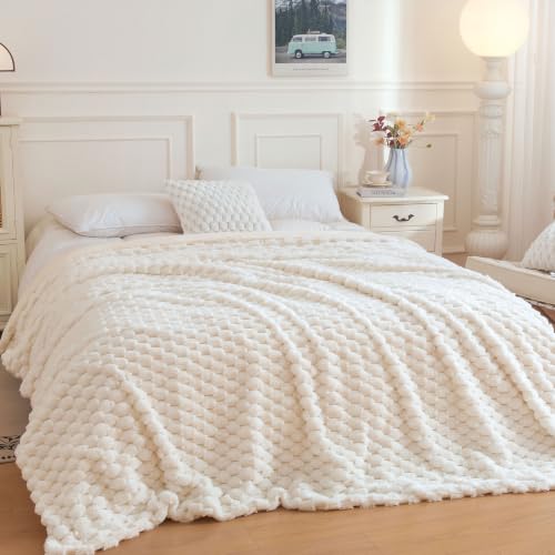 XeGe Luxury Bubble Fluffy Faux Rabbit Fur Bed Blanket King Size, Beige | 104"x90", Double-Sided, Hypoallergenic, No-Shed, Washable, Boho Furry Blanket for Master Bedroom, Couples & Family Snuggling - color: Beige, size: King (104" X 90")