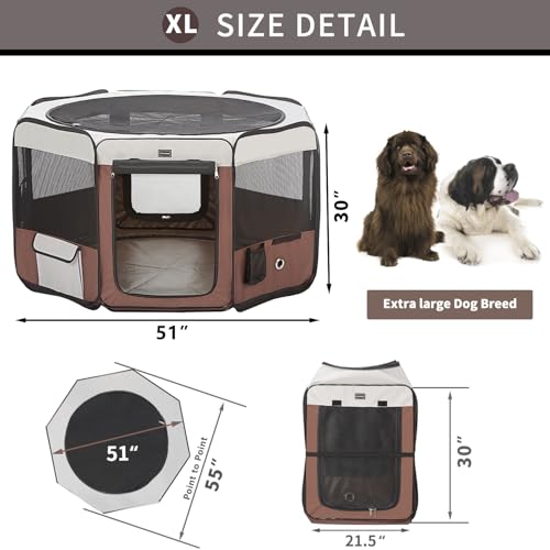 DONORO Dog Playpen 55" Portable Pet Play Pens for Medium Large Dogs, Foldable Exercise Kennel Tent Crate Indoor/Outdoor Travel Camping, Removable Top/Bottom (55"x55"x30"), 8 - color: Brown, size: Extra Large (55"x55"x30")