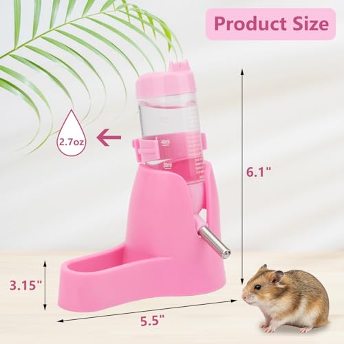 Litewoo 3 in 1 Hamster Water Bottle Small Animal Water Bottle with Food Container Base Hut Hanging Pet Automatic Feeding Drinking Dispenser for Dwarf Hamster Rats Mouse Gerbil Mice - color: Pink, size: 80ml