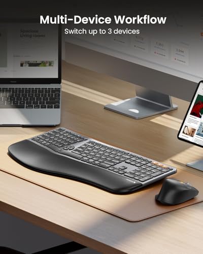 ProtoArc EKM01 Plus Wireless Ergonomic Keyboard Mouse Combo - Gray Black | Full-size Split Keyboard with Cushioned Wrist Rest, Ergonomic Mouse, 3-Device Bluetooth/2.4G, USB-C Rechargeable - color: Gray and Black