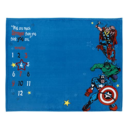 Marvel Comics Blue, Red and Green, Captain America, Hulk, Spiderman and Thor Super Soft Milestone Baby Blanket - color: Captain America, Hulk, Spiderman and Thor