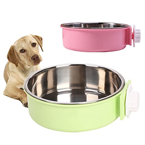 Crate Dog Bowl,Removable Stainless Steel Water Food Feeder Bowls Crate Coop Cup,Pet Cage Bowls with Bolt Holder for Cat, Puppy, Birds, Rats, Rabbits Small Animals ((Green+Pink) Round, Large) - color: (Green+Pink) Round, size: Large