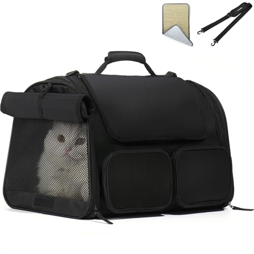 FUKUMARU Cat Carrier, Airline Approved Dog Carrier with Rollable Cover | Breathable Soft Cat Carrier, Multiple Doors & Storage Pockets Cat Travel Bag, Durable Pet Carrier for Cat Under 15 lb, Black - color: Black