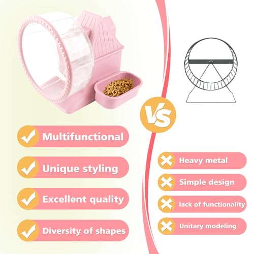 4 in 1 Silent Large Hamster Wheel Multifunctional Hamster Running Wheel Quite Running Spinner Wheel Accessories with Food Bowl Water Bottle for Hamsters Dwarf Gerbil (Pink) - color: Pink