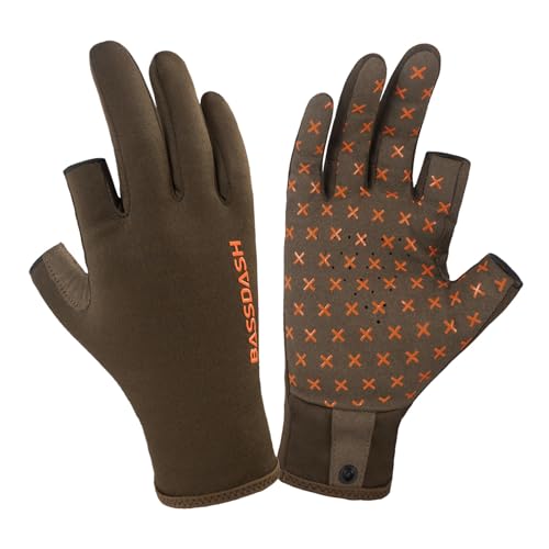BASSDASH Unisex Fingerless Fleece Liner Camo Hunting Gloves for Cold Weather UPF 50+ Lightweight Fishing Photography HG06 - color: Brown, size: Medium