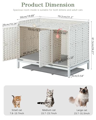 SETVSON Cat Litter Box Enclosure Furniture with Divider, Hidden House White | Handwoven PE Rattan with Washable Mat, 3.54-In Heightened Metal Feet, 31.2 x 19.6 x 24.2 Inches Spacious Cabinet - color: White