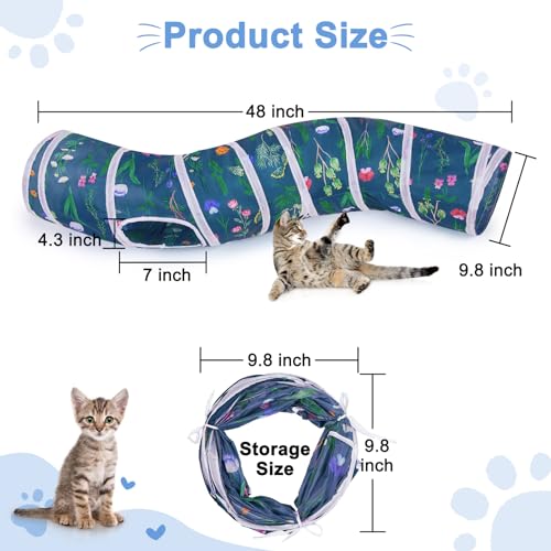 Glittme S-Shape Cat Tunnel, Foldable Cat Tunnels for Indoor Cats | Interactive Bunny Tunnel And Cat Tubes With Crinkle Sounds. Ideal For Kittens, Ferrets And Small Pets To Hide, Play Or Rest - color: Green flower branches