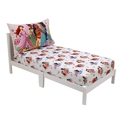 Disney Princesses Courage and Kindness Ariel, Tiana, Moana, Jasmine, Cinderella, Mulan, Belle, and Snow White 2 Piece Toddler Sheet Set - Fitted Bottom Sheet and Reversible Pillowcase - color: Princesses Courage and Kindness Pink