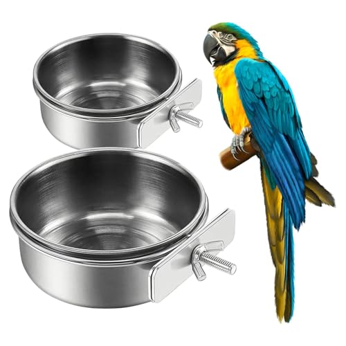 2Pcs Stainless Steel Bird Feeding Bowls, Small Bird Feeding Cup, Stainless Steel Parrot Food Bowl Cage with Holder, Parrot Cage Water Feeder, Pet Cage Cup Holder (Dia 3.93", 5.51",) - size: 3.93", 5.51"