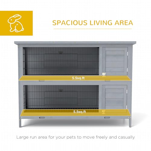PawHut 54" 2-Story Large Rabbit Hutch Bunny Cage Wooden Pet House Small Animal Habitat with Lockable Doors, No Leak Tray and Waterproof Roof for Outdoor/Indoor Grey | Wooden Pet House, Small Animal Habitat, No Leak Tray, Waterproof Roof, for Chickens Duck