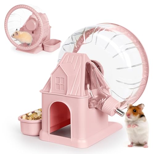 Vannon 4 in 1 Quiet Hamster Exercise Wheel, Multi Functional Hamster House with Running Wheel, Water Bottle, Food Bowl and Hideout, Small Animals Exercise Running Toys for Hamsters Gerbils Mice, Pink - color: Pink