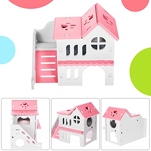 Skylety 5 Pcs Hamster Toys Include Wooden Accessories Hamster House Guinea Pig Hideout Rainbow Bridge Seesaw Swing Exercise Circle Cage Toy for Small Animals(6.3 x 3.93 x 5.5 inch,Pink) - color: Pink
