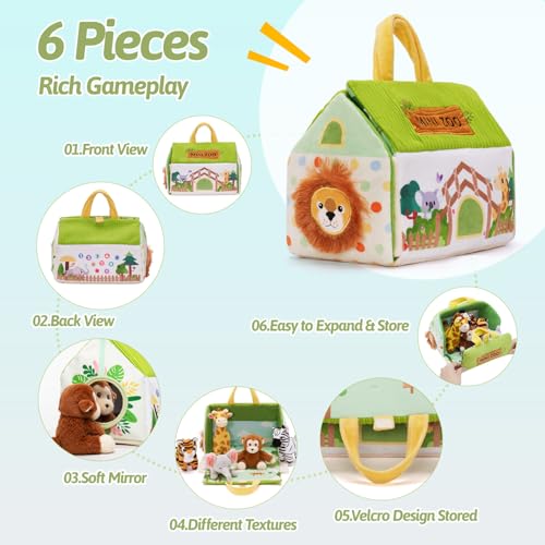 Mini Zoo Stuffed Animals Set - 5 Soft Safari Animals with Carry House 9.8" | Ultra-Soft, Safe, Travel-friendly, Educational, Gift Ready - color: Zoo