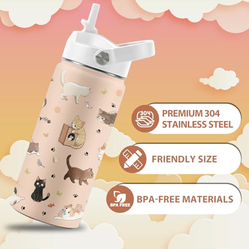 Cat Lover Gifts for Boys Girls, 16 oz Stainless Steel Insulated Water Bottle with Straw Lid, Cats Water Bottle for Cat Lovers, Cute Cat Tumbler for Birthday Christmas (1pcs) - color: Cat