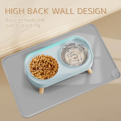 Elevated Cat Bowl with Food Mat, Raised Cat Food and Water Bowl Set for Indoor Cats, Splash Proof with 2 Stainless Steel Pet Food Bowls for Cats and Puppies,Whisker Fatigue and Dishwasher Safe (Blue) - color: Cat Bowls with mat - blue