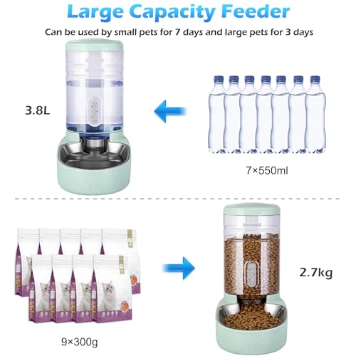 Automatic Cat Feeder and Water Dispenser with Stainless Steel Bowl Gravity Food Feeder and Waterer Set for Small Medium Dog Puppy Kitten 1 Gallon x 2(Green) - color: Stainless Steel-Green