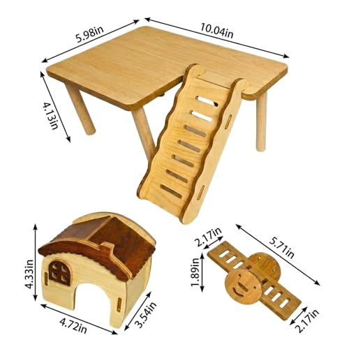 3 Pcs Wooden Hamster Platform and House Set,Hamster Game Climbing Toy With Platform,Wooden Hideaway House,Activity Seesaw,Small Animal Fun Activity Space For Syrian Hamsters, Gerbils, Mice - color: Wooden Platform and House Set