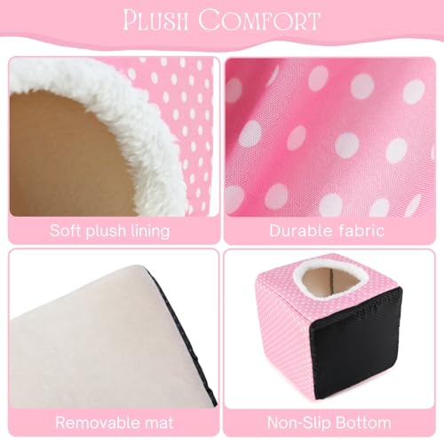 Guinea Pig Hideout, Dwarf Rabbit Bed with Play Tunnel, Washable Fleece House for Dwarf Bunnies, Chinchillas, Hedgehogs, Small Animal Cage Accessories Pink Dot - color: Pink