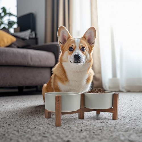 SPUNKYJUNKY Ceramic Dog Bowls with Acacia Wood Stand - Raised Dog Food and Water Bowl Set for Medium Dogs (28.74 OZ, Gray) - color: Gray, size: 28.74 Oz