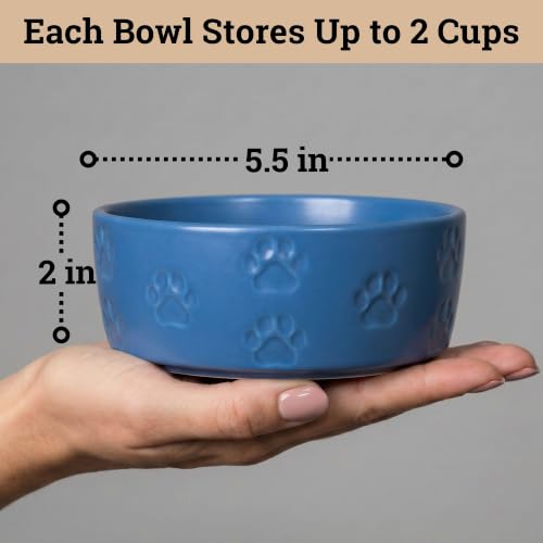 Ceramic Dog Bowl Set of 2 with Anti-Skid Base, 5.5"W x 2"H, 2 Cup Capacity | Thick Ceramic, Dishwasher Safe, Anti-Skid Rubber Base, 2 Cups per Bowl, Ceramic Food and Water Bowls Set of 2 for Small Dogs - color: Blue, size: Small