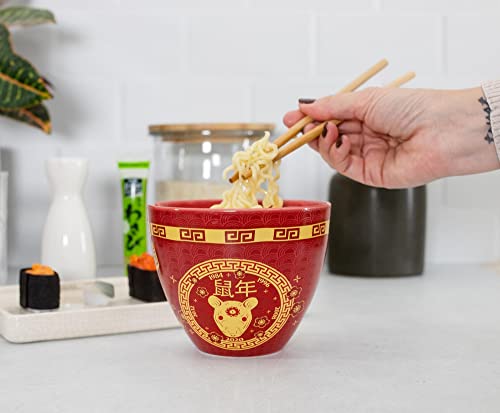 Boom Trendz Year Of The Rat Chinese Zodiac Ceramic Dinnerware Set | Includes 16-Ounce Ramen Noodle Bowl and Wooden Chopsticks Asian Food Dish For Home & Kitchen Kawaii Lunar New Gifts Red One Size