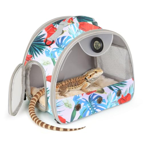 Bearded Dragon Carrier, Reptile Travel Bag with Built-in Thermometer Hygrometer, Breathable Small Animal Carrier with Clear View Window, Portable Guinea Pig Carrier for Gecko, Snake, Hamster - color: Floral
