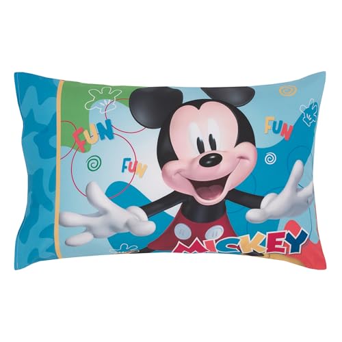 NoJo Disney Mickey Mouse Blue, Red, and Green, Donald Duck, Pluto, and Goofy, Fun Starts Here 4 Piece Toddler Bed Set - Comforter, Fitted Bottom Sheet, Flat Top Sheet, and Reversible Pillowcase - color: Mickey Mouse - Fun Starts Here