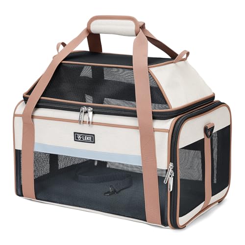 Lekereise Top-Expandable Pet Carrier 18x11x11Inch Delta American United Airline Approved Soft Sided Underseat to 15lbs Travel Carriers for Small Dogs Cats with Locking Safety Zippers Anti-Scratch Mesh - color: Khaki