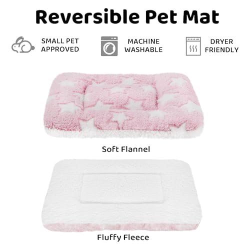 Amakunft 2 Pcs Guinea Pig Bed Mat Washable, Rabbit Winter Bed Pad for Indoor, Warm Small Animal Bed Mattres, Fleece Sleeping Pad for Bunny, Rat, Hedgehog, Sugar Glider, Chinchilla (Pink Star, Large) - size: Large