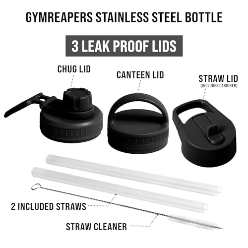 Gymreapers Insulated Water Bottle - Stainless Steel 32 Oz, 3 lids (Straw, Chug, Canteen), Double Walled Vacuum Insulation, Thermo Mug Cold Hot - Durable Powder Coated Finish (Black) - color: Black