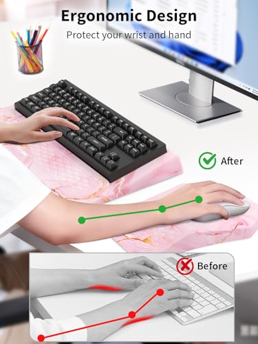 3-in-1 Ergonomic Keyboard Stand with Wrist Rest & Mouse Pad Set,Pink Marble | Comfy Keyboard Riser Holder Soft Mousepad with Massage Design, Memory Foam and Non-Slip PU Base for Pain Relief - color: Pink Marble