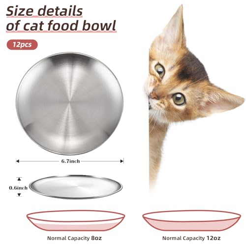 12 Stainless Steel Cat Food Bowls, Small Flat 6.7 inch Wet Feeding Dish, Perfect for Kittens, Cat, Ferrets, Stray Cats (6.7Inch 12Pcs) - size: 6.7Inch 12Pcs