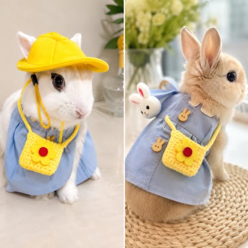 5PCS Bunny Outfit Harness Set with Leash Hat Bag and Plush Charm for Dwarf Rabbit Guinea Pig Chinchilla, Cute Blue Rabbit Clothes, S,7034-05 - color: Light Blue, size: S Fits 1.1-2.2lb Baby Bunny Guinea Pig Chinchilla