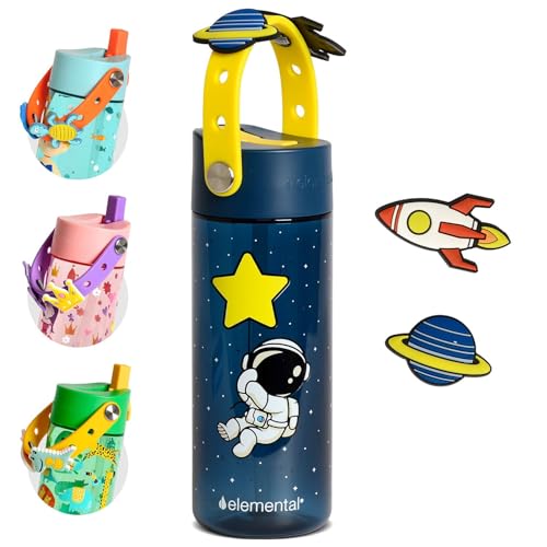 Elemental Water Bottles for Kids - Splash Kids Water Bottle for School with Fun Charm Handle - BPA Free Tritan Plastic Bottle with Straw Leak Proof When Spout is Closed - 18oz - Little Astronaut - color: Little Astronaut
