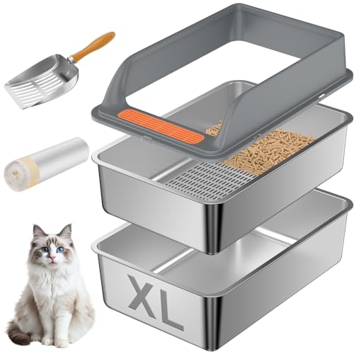 Stainless Steel Sifting Litter Box with Lid, XL Extra Large Sifting Cat Litter Box for Pine Pellets & Big Cats,Metal Pellet Sifter Litter Pan System for Odor Control,Sifting Box Liners & Scoop - size: XL:23.6''×15.7''×10''