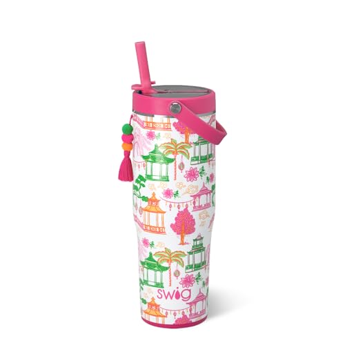 Swig Life 30oz Leakproof To-Go Tumbler with Handle, Pagoda Paradise | Leakproof Lid - Triple Insulated Stainless Steel - Handle & Straw Included - Cup Holder Friendly - Dishwasher Safe - color: Pagoda Paradise