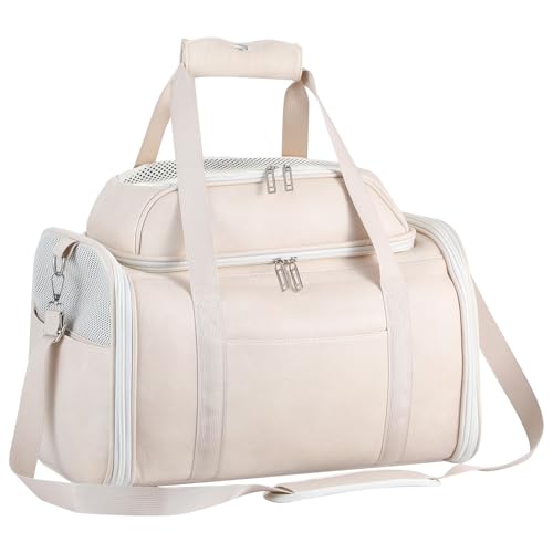 Premium Leather Top Expandable Pet Carrier for Small Dogs & Cats Under 15 lbs, Airline Approved Collapsible Soft-Sided Luxury Travel Bag Beige - color: Beige