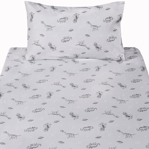 Scientific Sleep Gray Dinosaur Space Walk Universe Travel 100% Cotton 3 Pcs Twin Bed Sheet Set Kids Toddler Teen, Flat Sheet & Fitted Sheet & Pillowcase Kids Bedding Set Twin - color: Gray Dinosaur, size: Twin