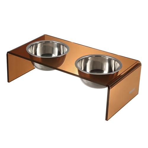 DBL2000D Keaton 5" Small/Medium Modern Acrylic Rectangular Elevated Pet Feeder with 20oz 2-Stainless Steel Bowls, Amber/Chrome - color: Amber/Chrome, size: 20 Ounces (5" Cups 2-Pack)