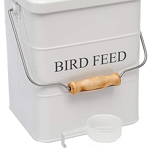 Pet Food Storage Tin with Lid, Metal Bird Seed and Feed Container with Serving Scoop, Treats Storage Canister Bin Can for Dogs, Cats Food, Coated Carbon Steel, Tight Fitting Lid, White, 5-6 Lbs