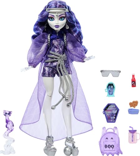 Monster High Spectra Vondergeist Doll | Ghost in Purple Clothes, Includes Pet Ferret Rhuen, 7 Accessories like Backpack, Tablet, Snacks and More (Amazon Exclusive) - style: Spectra Vondergeist