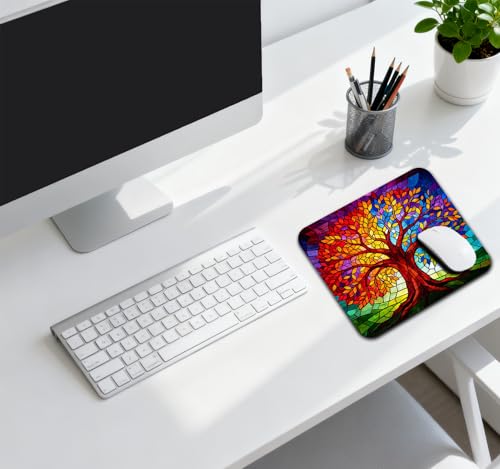 Abstract Tree of Life Mouse Pad, Rainbow Stained Glass Mosaic Art Desk Mat | 9.5"x 7.9", Vibrant Fantasy Design Colorful Artwork, Cute Smooth & Anti-Slip Mousepad - color: Colorful Design Wknoon-Art 01