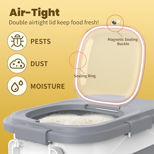 HOYTAMDA 25-35Lbs Collapsible Rice Container,Food Storage Containers Wheels | Rice Storage Container with Airtight Clear Lid,Handle,Small Bin &Scoop,Rice Dispenser for Flour Sugar Cereal Dog Cat Food - color: Grey/25-35lbs