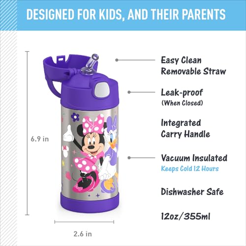 THERMOS FUNTAINER Water Bottle with Straw, 12oz, Minnie Mouse | Kids Stainless Steel Insulated Water Bottle, Keeps Drinks Cold Longer for School & Play, BPA-Free - color: Minnie and Friends, size: 12 Ounces