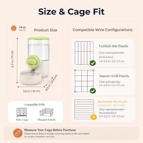 34 oz Hanging Water Dispenser for Small Animals, Guinea Pigs & Rabbits | Secure Mount | Adjustable Height | One-Way Flow | Outside Refill | Easy Cleaning - color: Light Green