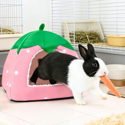 2 Pack Rabbit Hideout, Washable Bunny Bed with Removable Pee Pad, Plush Indoor Rabbit House, Adorable Strawberry Design Small Animal Hideaway for Guinea Pig, Red & Pink - color: Red and Pink